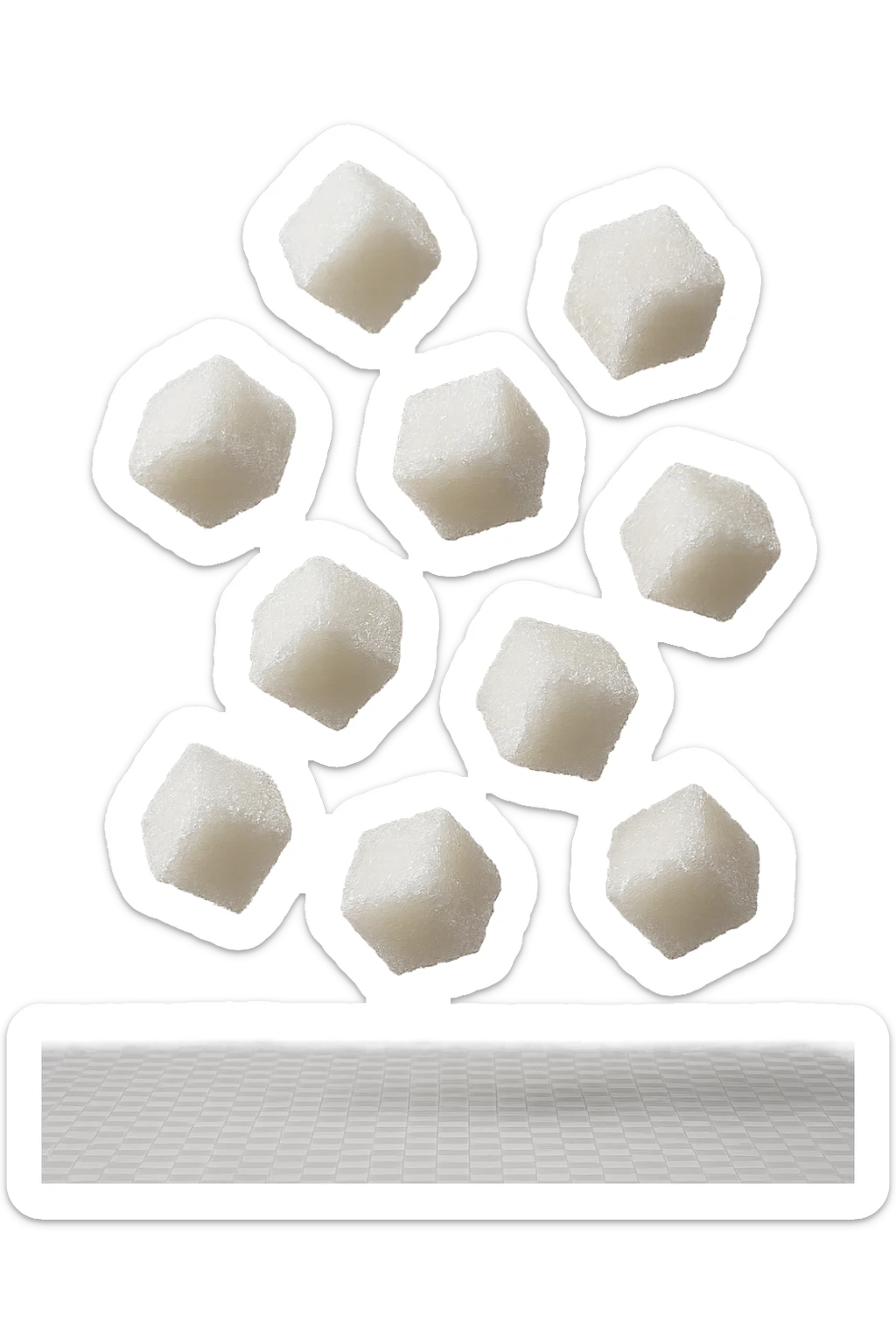zollette di zucchero fluttuano in aria, iperrealistica 4k, isolato su sfondo bianco sticker