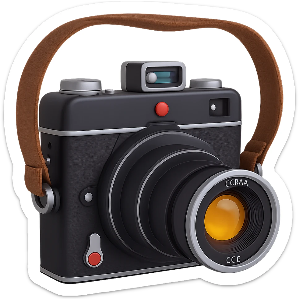 Add a brown leather strap to the vintage 3D camera emoji, keeping the old-fashioned look. Remove the background. Maintain the vintage 3D style aesthetic. sticker