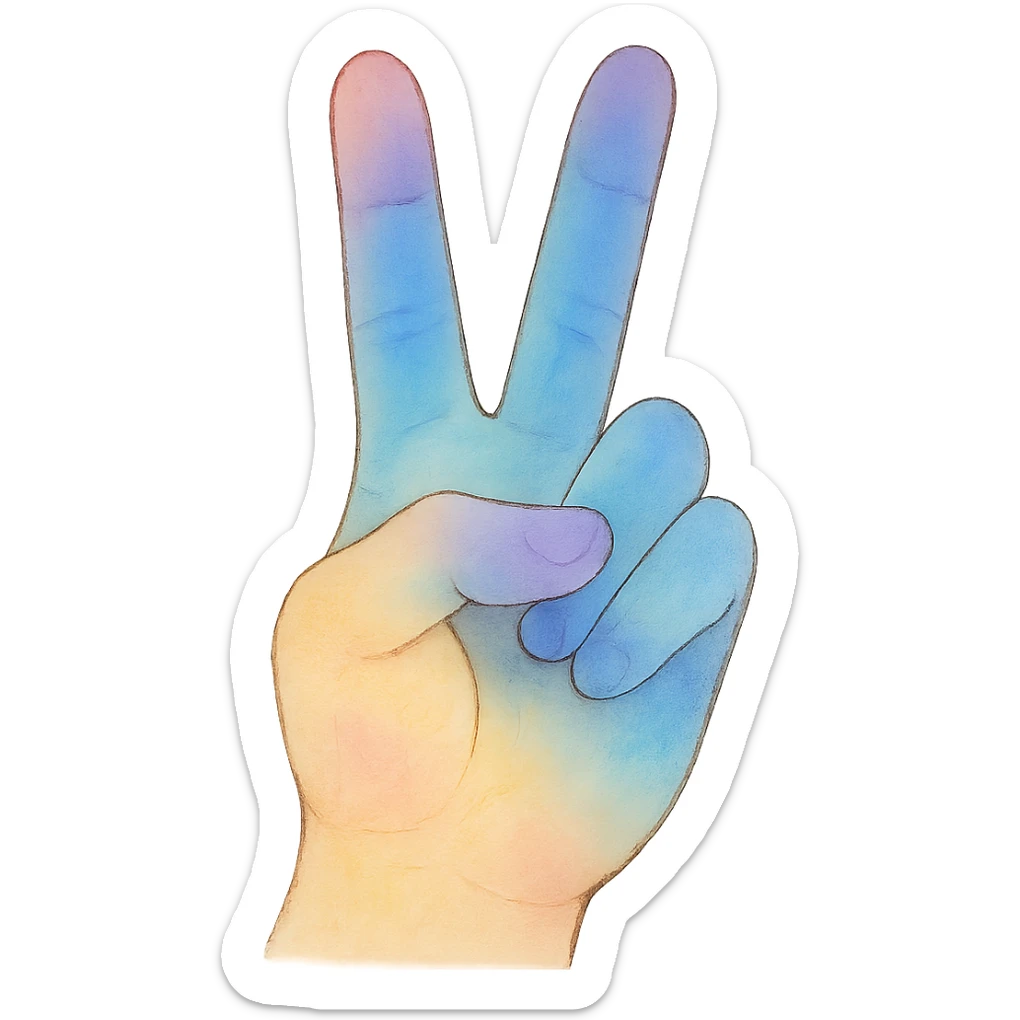 Increase blue and purple colors in the rainbow theme of the hand peace sign, keep the ghibli style, no background. sticker