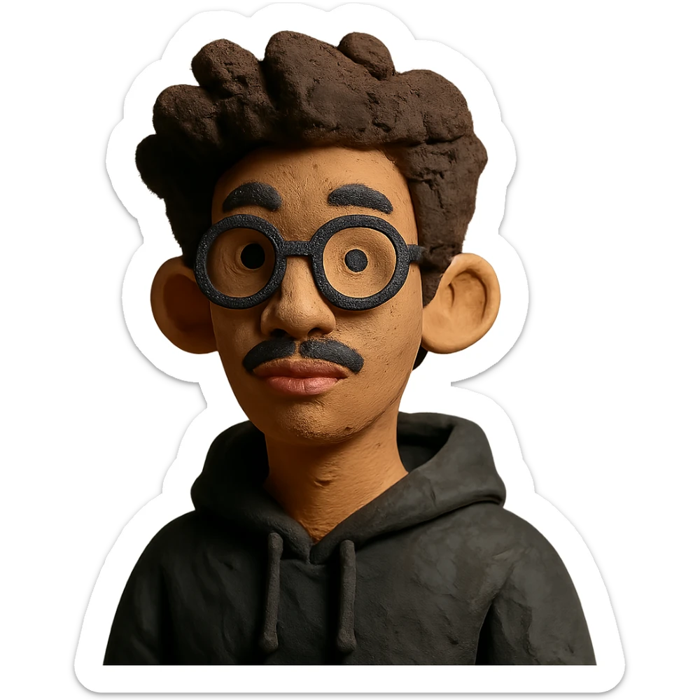 Malay teenager with fluffy hair, long face, light mustache, glasses, and a black hoodie in claymation style sticker