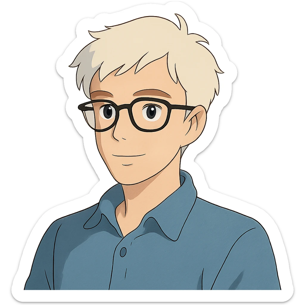 22-year-old white man with fair skin, white hair, and black glasses sticker