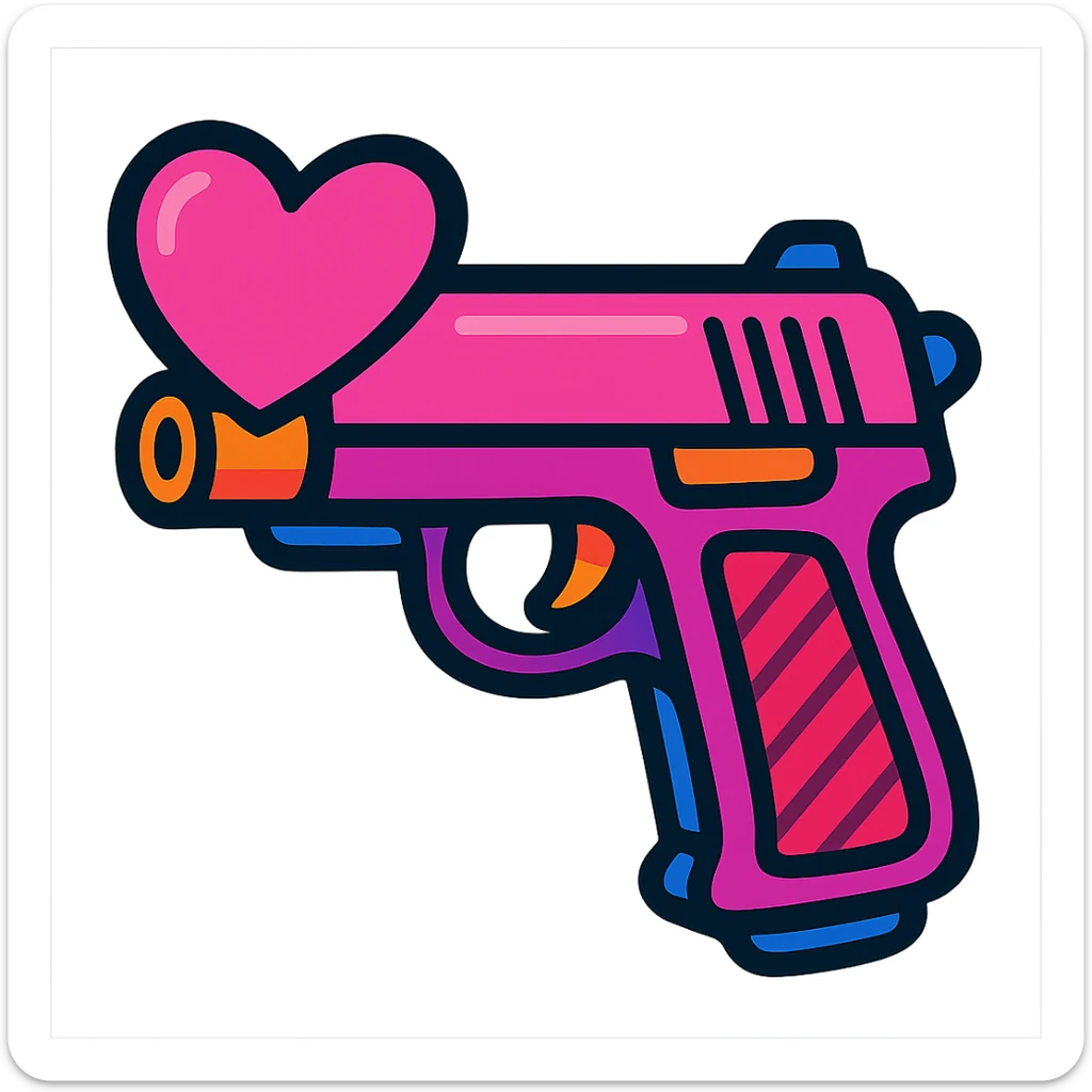 pink heart pistol, vibrant toon style, bold outlines, playful look sticker