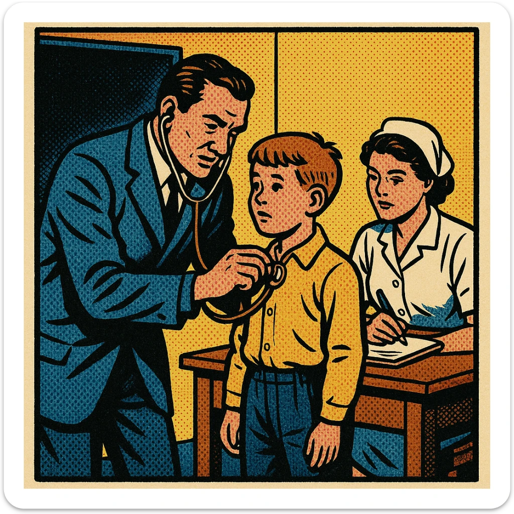 A doctor in the early 1900s examining the heart beat of a school child in a school room.  There is a female nurse recording measurements sitting at a desk next to the doctor sticker