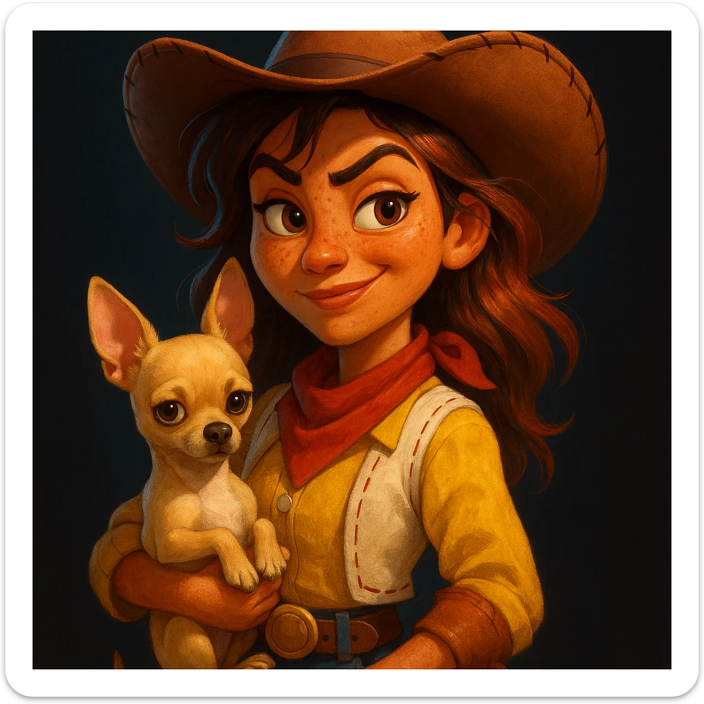 Portrait of a tanned female cowboy with freckles, brown hair with auburn highlights, rebellious and playful expression, Pixar art style, holding a beige-brown chihuahua, dark background, bright illustration, large expressive eyes, vivid colors sticker