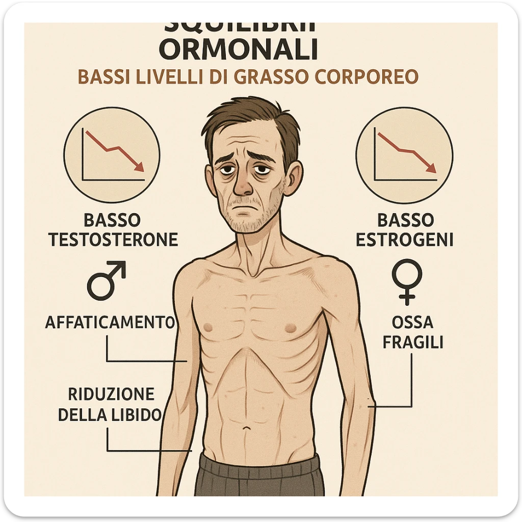 Uomo con squilibri ormonali a causa dei grassi bassi nel corpo e ha testosterone ed estrogeni bassi, in italiano sticker