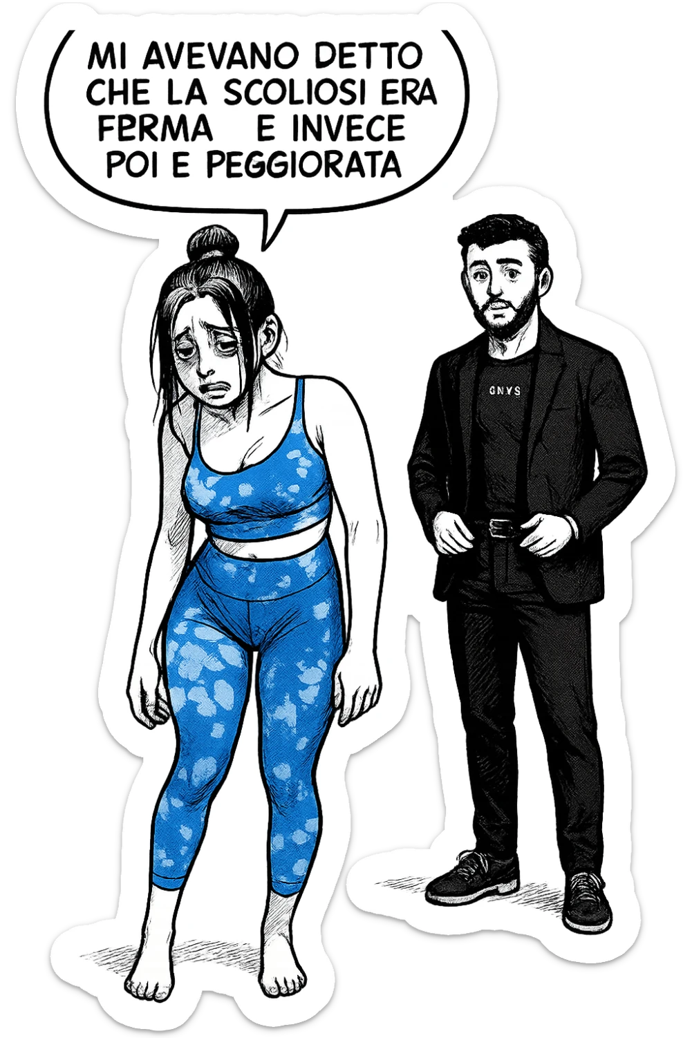 fai questa immagine in versione fumetto/manga/webtoon, il manga mostra la donna disperata con un fumetto sulla testa che dice:
Mi avevano detto che la scoliosi era ferma… e invece poi è peggiorata.
 sticker