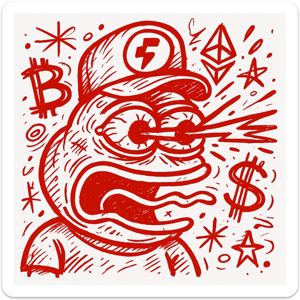 Add the provided Fogo.io logo on a hat worn by chaotic Red Pepe the Frog with laser eyes, surrounded by crypto symbols. Cartoonish, bold, meme-inspired, red color palette, slightly chaotic style for Discord sticker. sticker