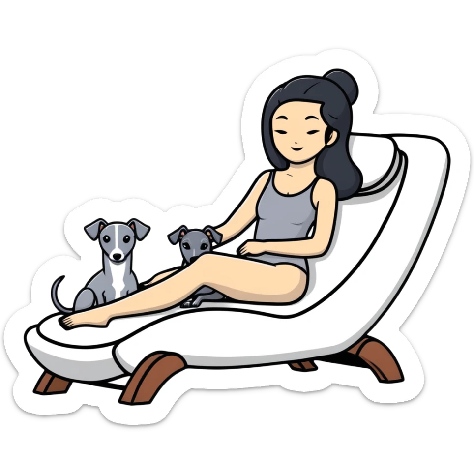 Very thin Chinese woman with long black hair relaxing on a spa lounger with exactly ONE whippet dog. EXTREME IMPORTANCE: the whippet must have a COMPLETELY GREY FACE with ABSOLUTELY NO WHITE MARKINGS anywhere on its face, muzzle, or nose. The entire dog must be ONE SOLID VERY DARK CHARCOAL GREY COLOR from nose to tail with NO WHITE or LIGHT AREAS anywhere - NO white on face, NO white on muzzle, NO white on chest, NO white on paws, NO white on tail - NOTHING BUT A SINGLE SHADE OF VERY DARK GREY throughout the entire animal sticker