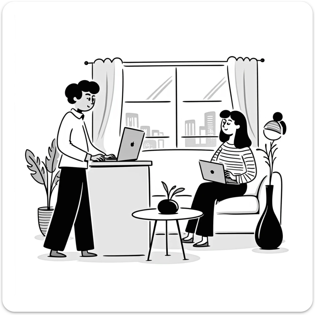 escenary 3d of a cozy mid-century living room with two people working on laptops, one man standing at a desk and one woman sitting on a couch sticker