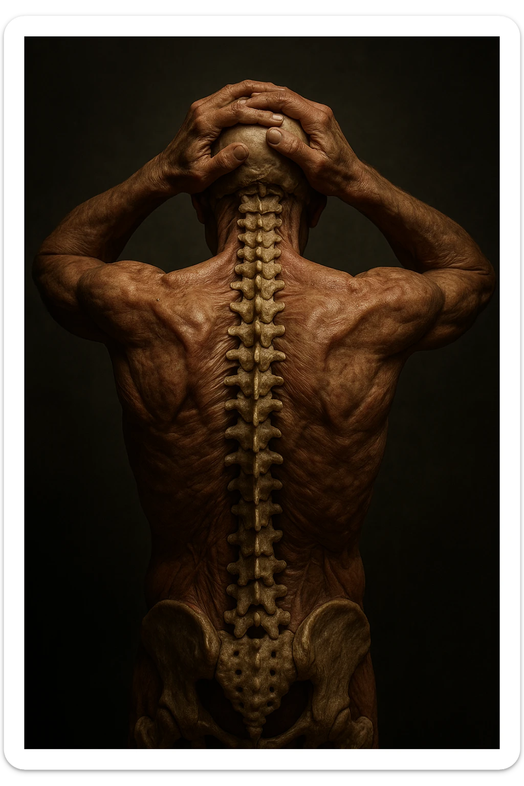 CORPO UMANO ANATOMICO con spina dorsale in evidenza, molto stanca e stressata mentre si tiene le mani sulla testa, IPERREALISTICO 4K sticker