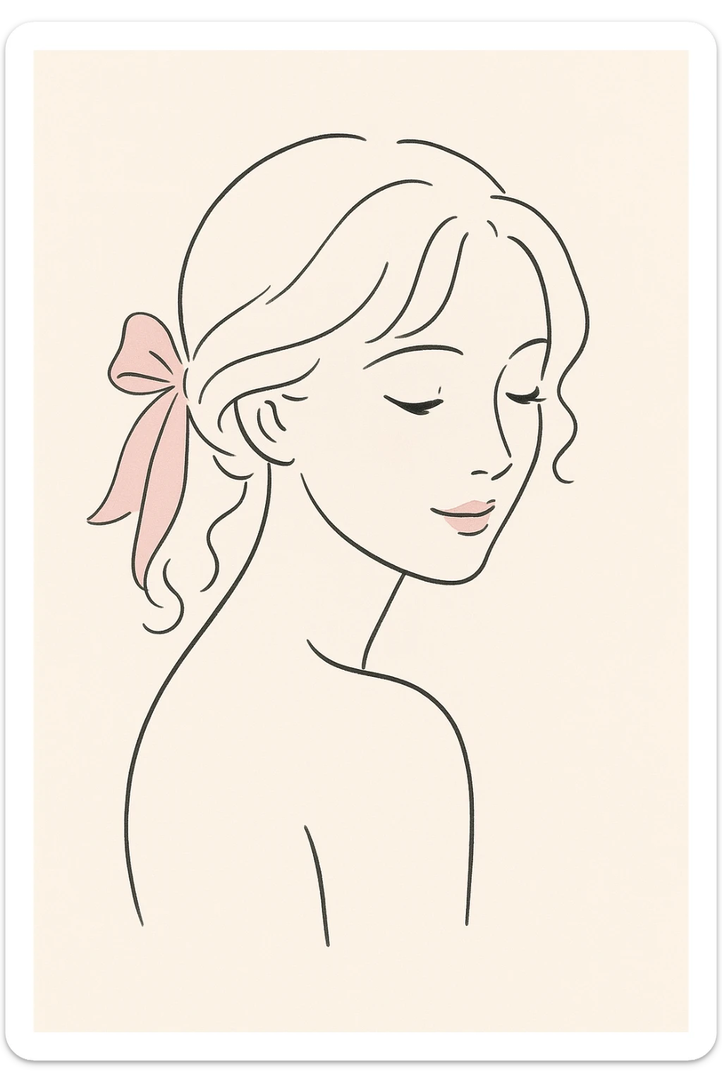 mujer coquette, estilo minimalista, líneas suaves, lazo rosa, expresión tierna sticker