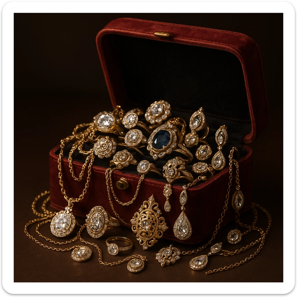 an open dark red jewelry box overflowing with necklaces, rings, and earrings sticker