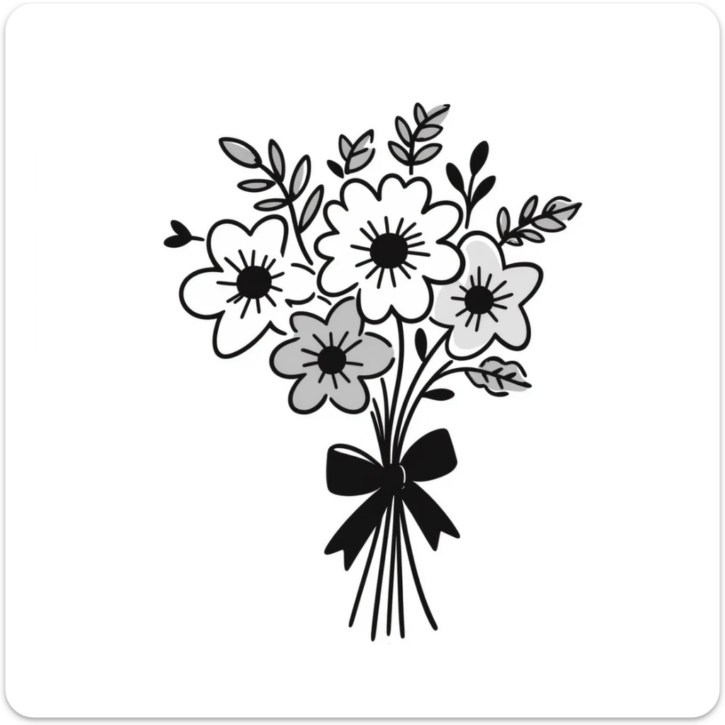 A beautiful bouquet of mixed flowers with ribbon in pastel colors (dd9fb0, ffc6d3, a3bfc9, c4bee2, f1b091), hand-drawn doodle style sticker