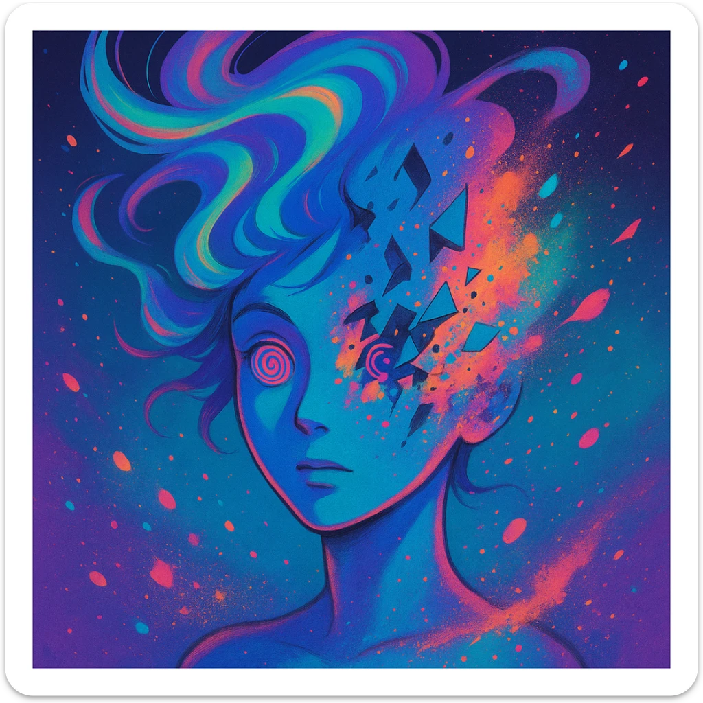 surreal portrait, neon skin, dissolving face with airbrush color explosion, hair as liquid color swirls like aurora, spiral eyes, geometric shapes breaking through face, paint spray effect, acid purple, turquoise, electric pink, smooth blending, dynamic movement sticker