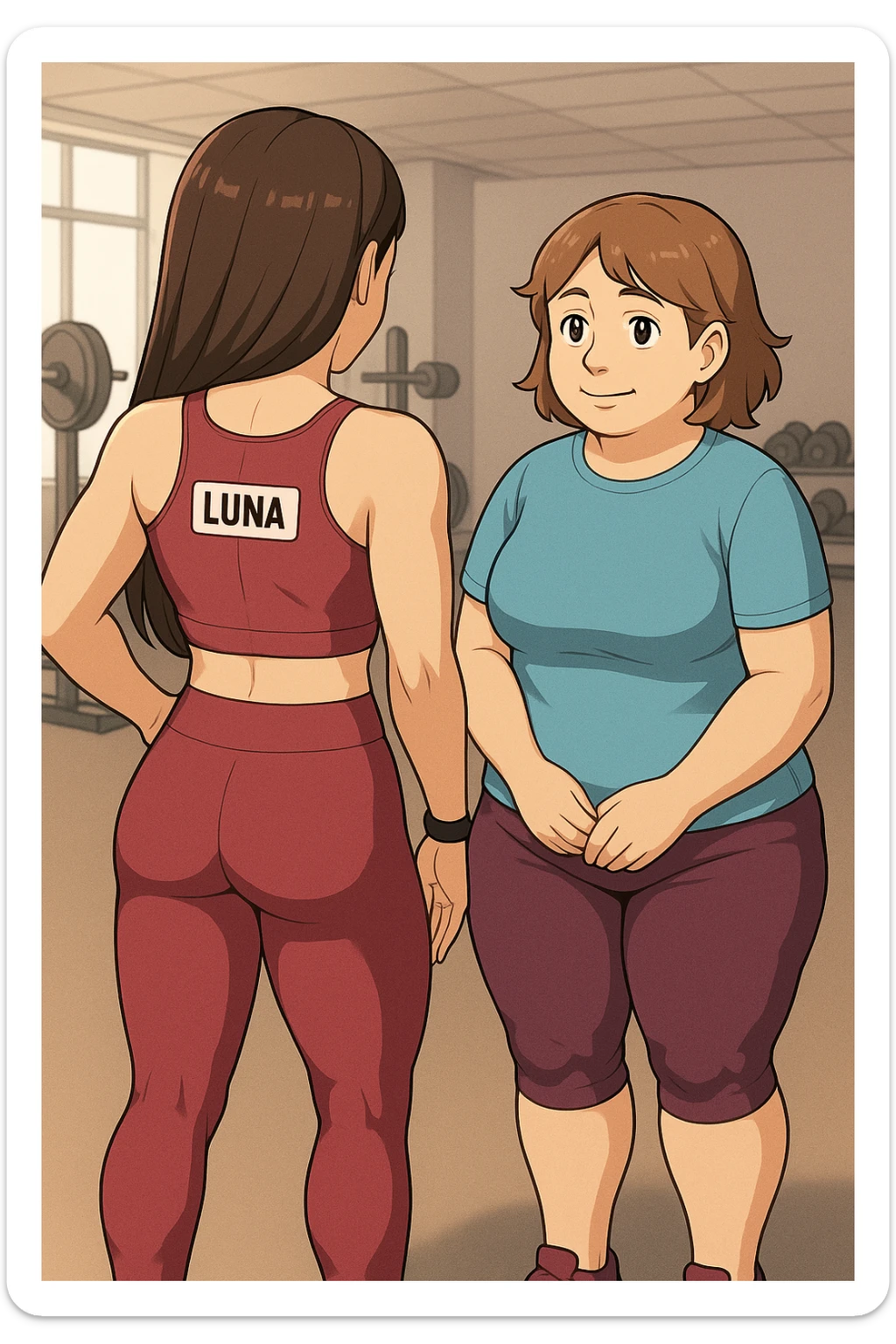 prendi spunto da queste immagini per fare: fai un webtoon/manga a colori con questa personal trainer (falle la scritta "LUNA" SU UNA TARGHETTA APPOSTA SUL TOP SPORTIVO CHE HA), che parla IN PALESTRA con una sua cliente che ha cellulite ed è leggermente in sovrappeso. LA SIGNORA è IN ABITI SPORTIVI E ascolta la trainer con attenzione. LUNA STA DI SPALLE MENTRE PARLA PER MOSTRARLE I MUSCOLI DEI FEMORALI CHE HA (LE STA CONSIGLIANDO DI ALLENARLI). NON FARE I FUMETTI, FAI SOLO LORO COME SE DIALOGASSERO. FAI LE DUE FIGURE A FIGURA INTERA CON IL CORPO INTERAMENTE VISIBILE sticker