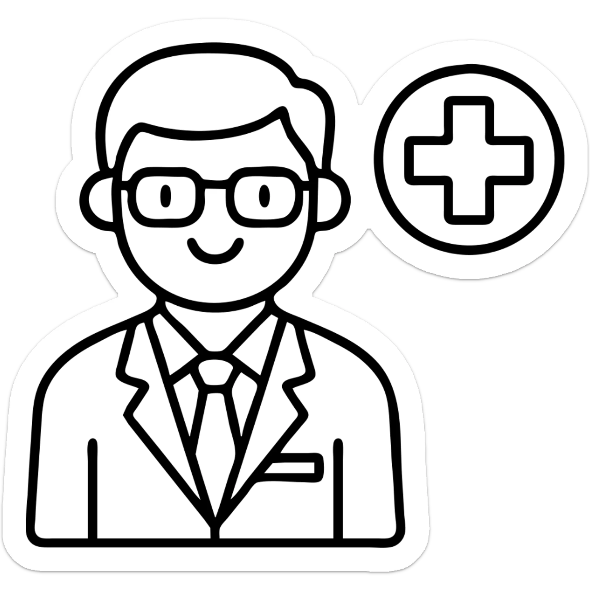 Add glasses to the friendly pharmacist with health symbols, no background. sticker