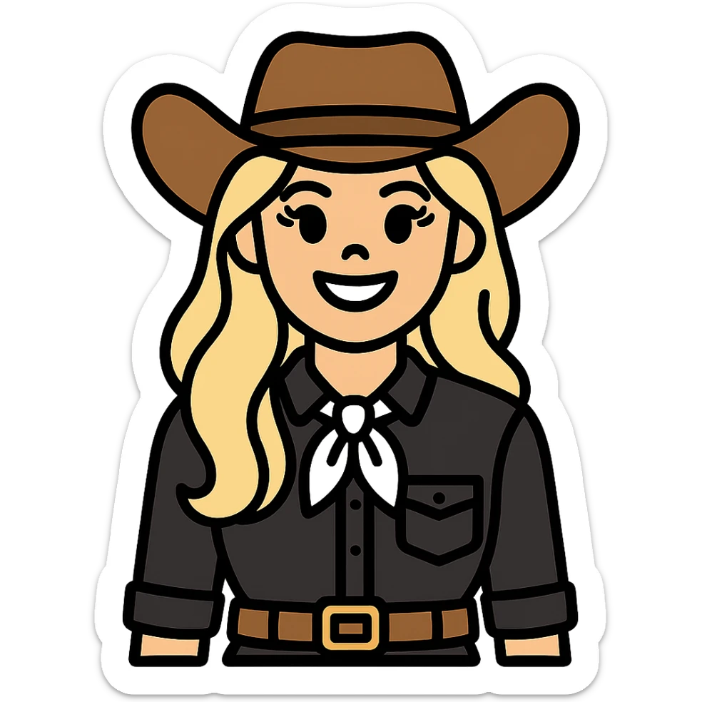 Make the cowgirl's skin lighter, hair lighter blonde, give her rounder cheeks, a big smile, longer eyelashes, and a black lace shirt. Keep the background transparent. sticker