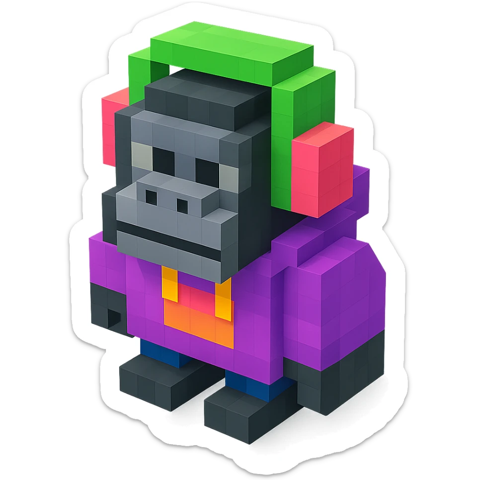 voxel style gorilla with headphones, wearing a hoodie, isometric view sticker