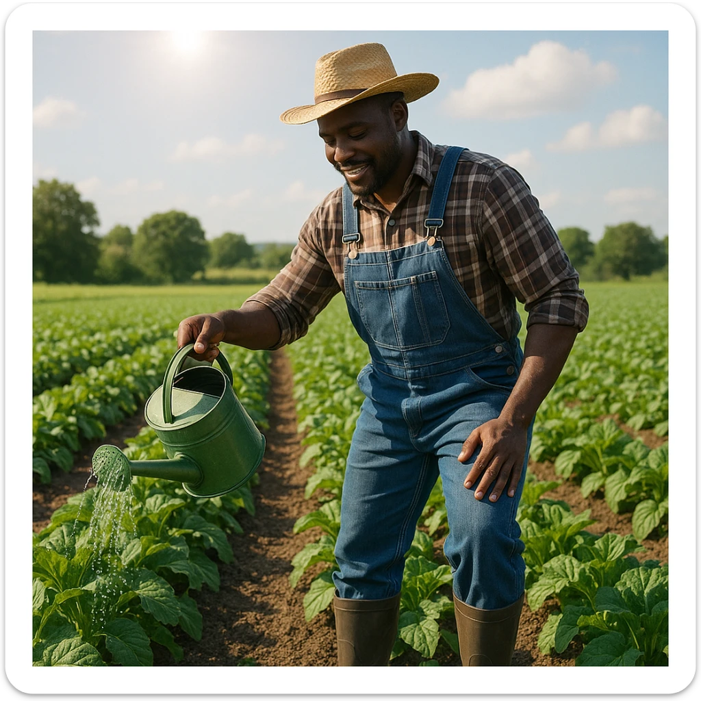 Black man farmer, watering crops, wearing boots and overalls, sunny day, green field sticker