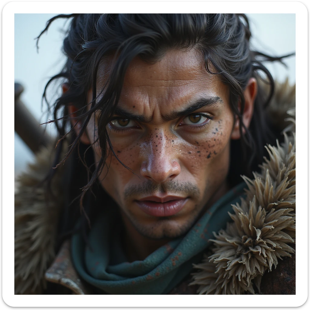 realistic fantasy style close-up detailed face of a fierce League of Legends warrior with a weapon sticker