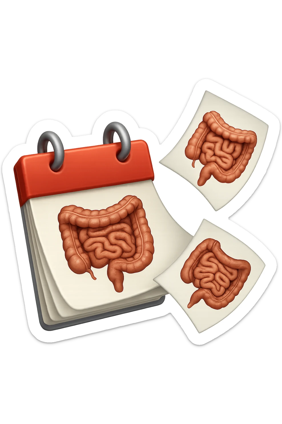emoji stile iphone di un calendario con fogli che volano insieme, sui fogli ci sono disegnati degli intestini anatomici, iperrealistico 4k, isolato su sfondo bianco sticker