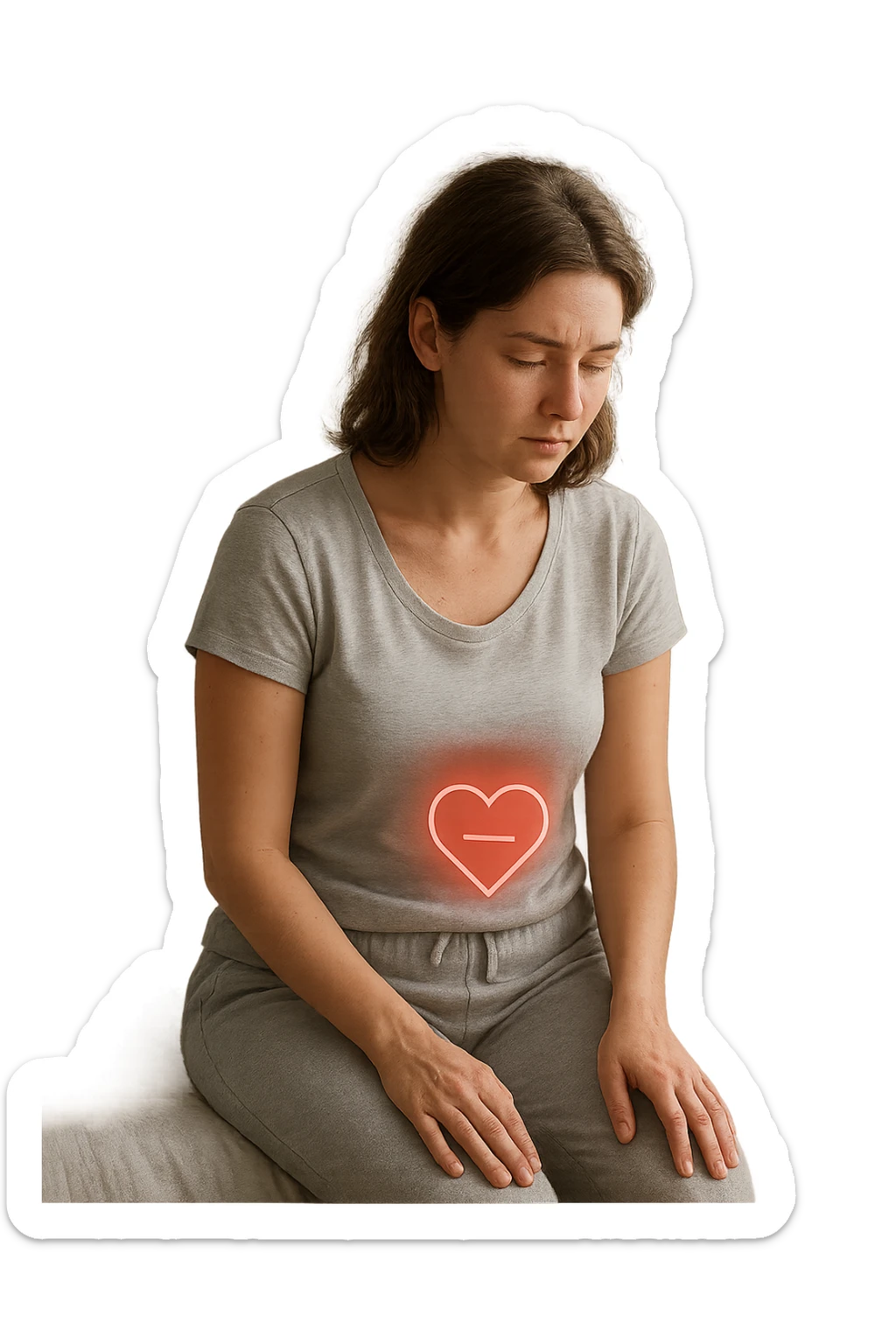 3D realistic medical illustration: a young woman in her 20s or 30s sits on the edge of a bed in a softly lit bedroom, looking thoughtful and slightly concerned. She wears comfortable loungewear, her posture is slouched, and her expression is subdued. Subtle visual cues—such as a faded calendar with missed menstrual cycles and a dimmed heart or energy icon near her abdomen—symbolize low libido and amenorrhea. The scene is realistic, intimate, and empathetic. sticker