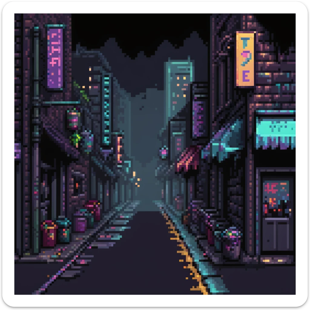 Pixel art background, side view of a dark Gotham-style street at night, moody lighting, flickering neon signs, trash bins, wet pavement, shadows in windows, 2D fighting game stage style, straight camera angle, retro arcade aesthetic
 sticker