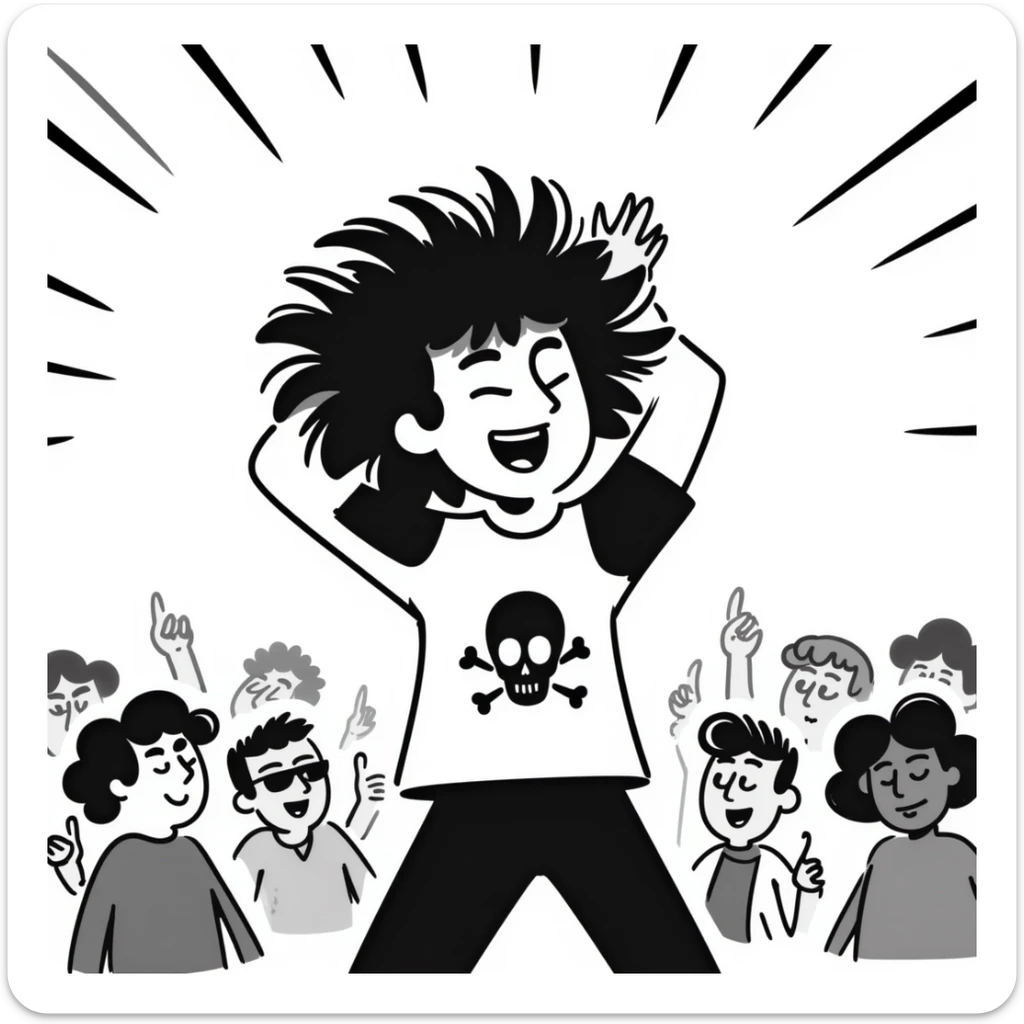 A person enthusiastically headbanging at a concert, wearing a band shirt with wild hair flying sticker