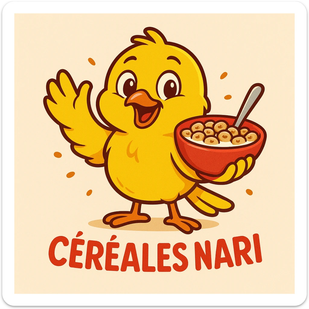 La mascotte du magaisn "céréales nari " doit être un canarie jaune joyeux !! Cree le sticker