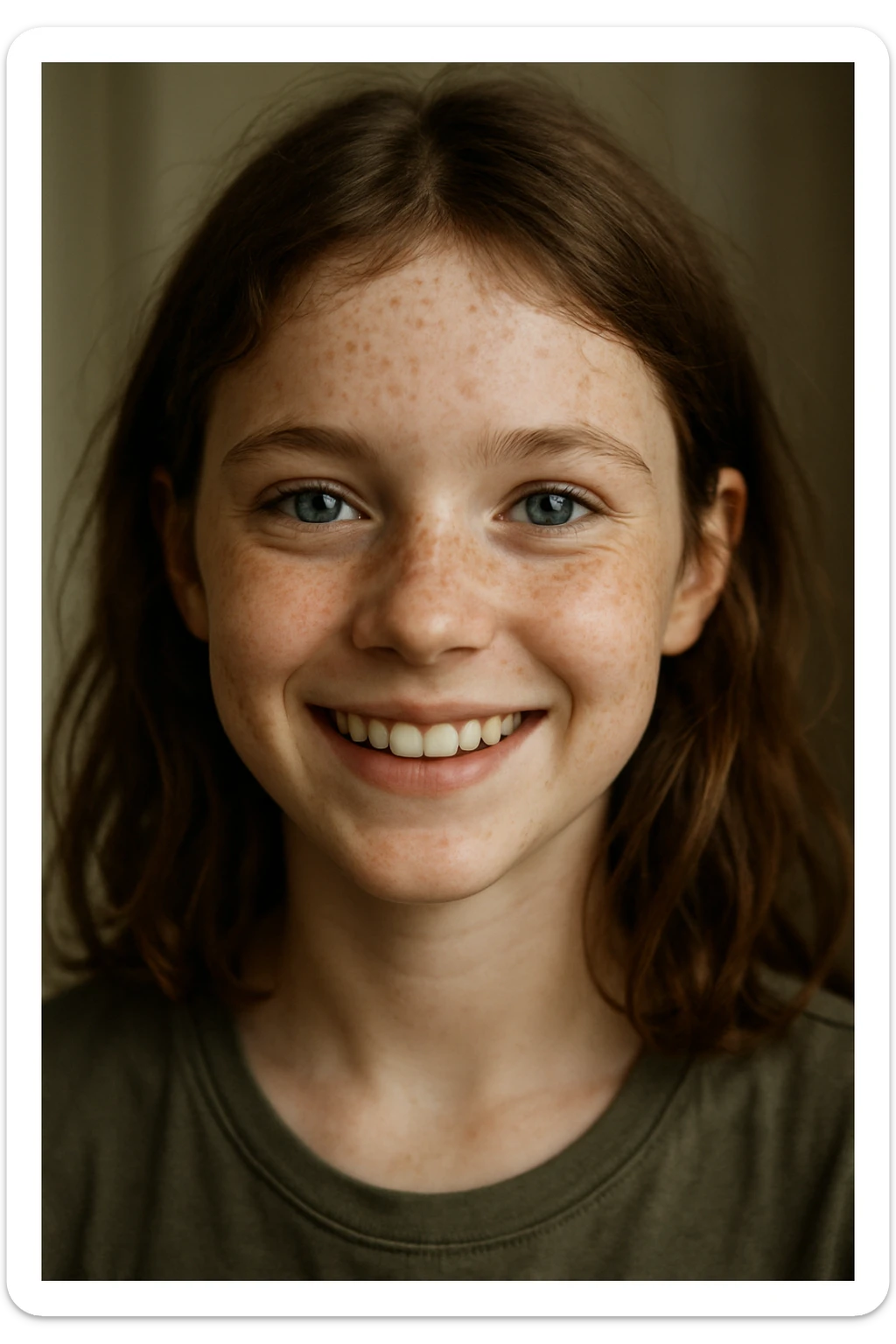 smiling girl with dusty brown hair, sharp blue eyes, pale skin with freckles sticker