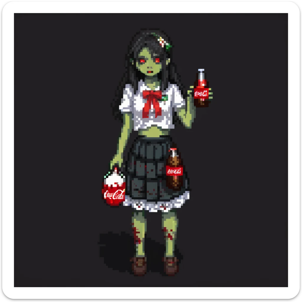 Generate an Asian girl, dark-haired, she's a zombie, wearing a skirt with lace, slightly torn,
Holding a bottle of Coca-Cola in her hands.
Background: a dark street in the style of Gotham City  sticker