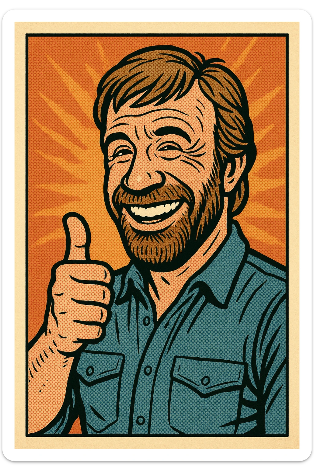 caricature style illustration of Chuck Norris giving a thumbs up, big smile, comic exaggeration, playful and fun sticker
