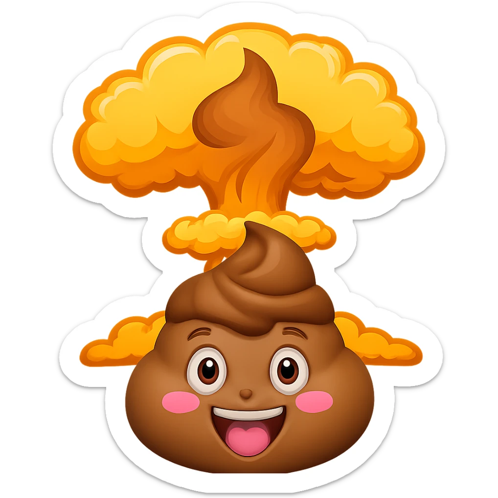 Add a cartoonish poop-shaped nuclear explosion (poop nuke) behind the kissing poop, keeping the style playful and lighthearted, no background. sticker