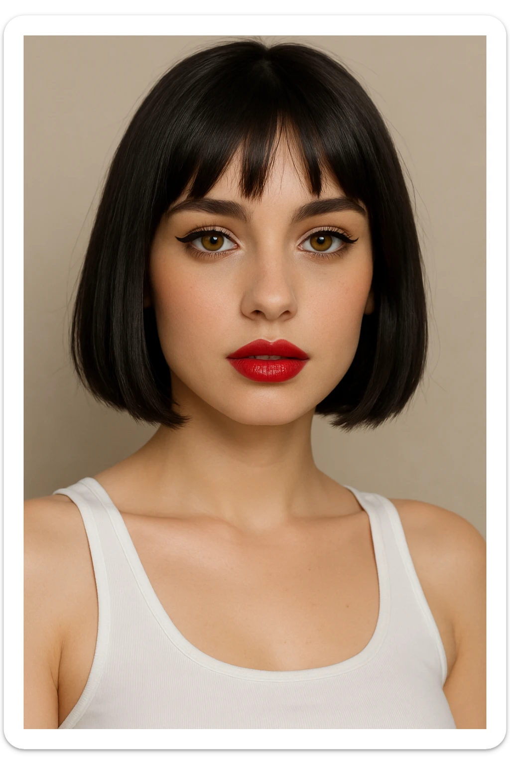 A pretty girl with black straight bob hair. She has hazel eyes with black eyeliner. She has plump red lips. She is wearing a white tank top sticker