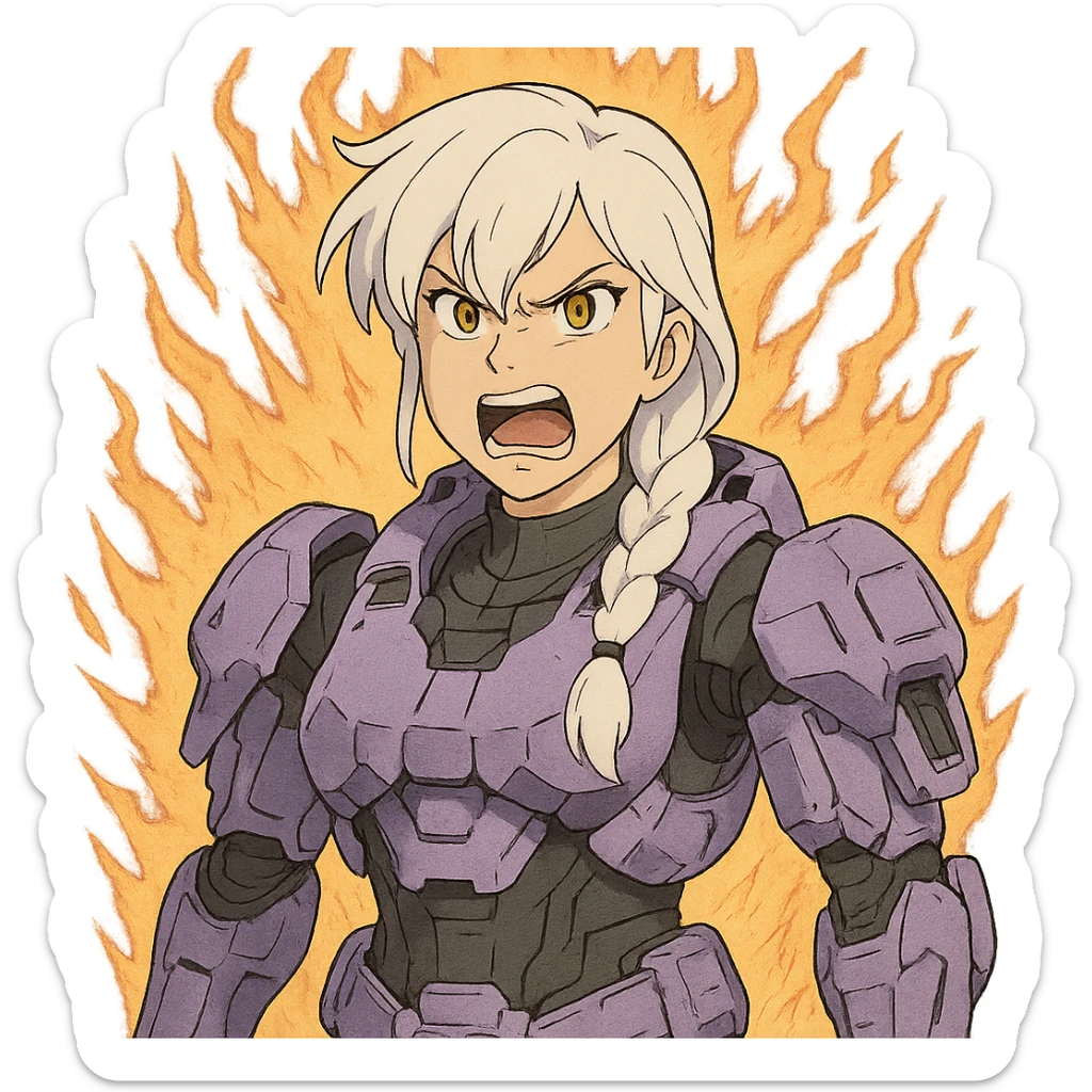 making an angry scowl rage face, rage aura,  female, wearing reach spartan armor shoulder-unequip, long white braid hair with massive messy front side single bangs, gold yellow eyes, attention pose, D-cup size, HALO:series, no helmet, the armor is lavender color scheme, sticker