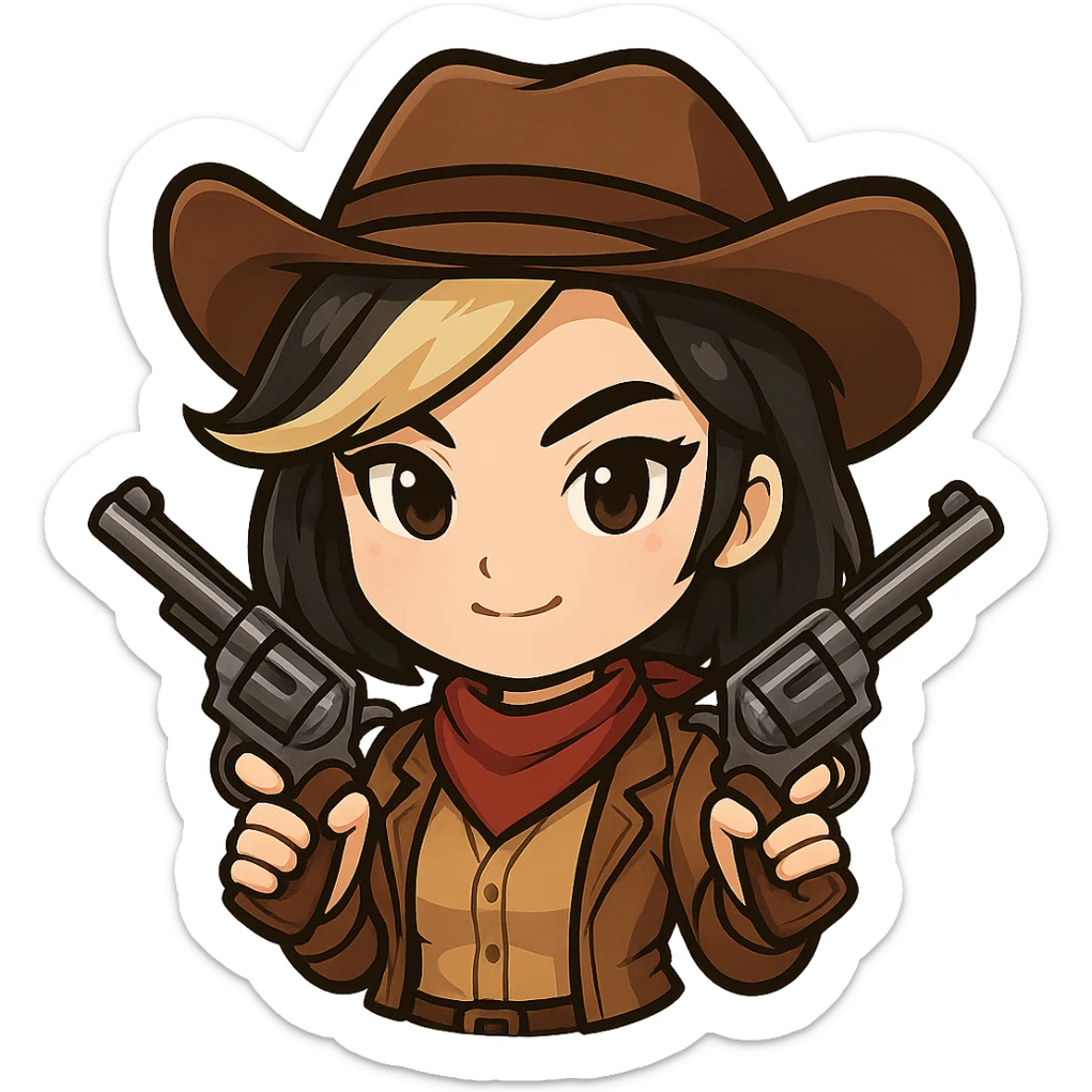 Chibi cowgirl with slightly longer hair and a blonde streak, wearing a cowboy hat and western outfit, holding two revolvers, pose with both guns crossed in front, determined expression, chibi/anime style, transparent background, sized for Twitch or Discord use. sticker