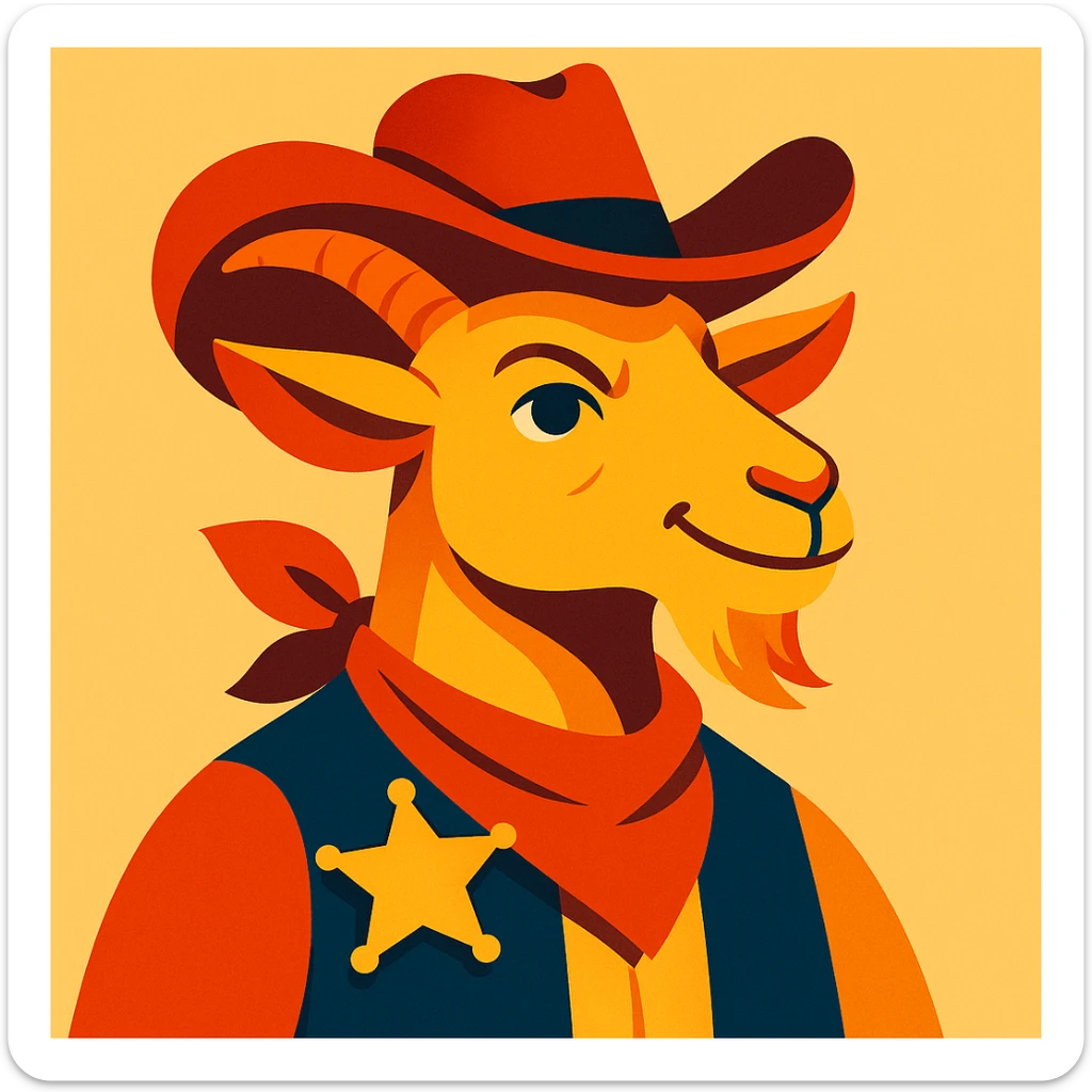 a goat with a sheriff badge, cowboy hat, and bandana, looking heroic, vibrant colors sticker