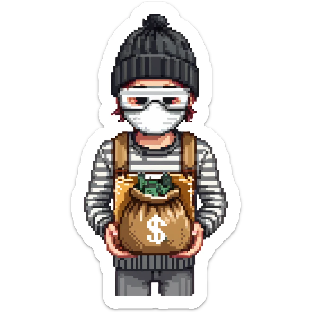 burglar with black and white striped shirt, black beanie, black mask over eyes, holding a moneybag sticker