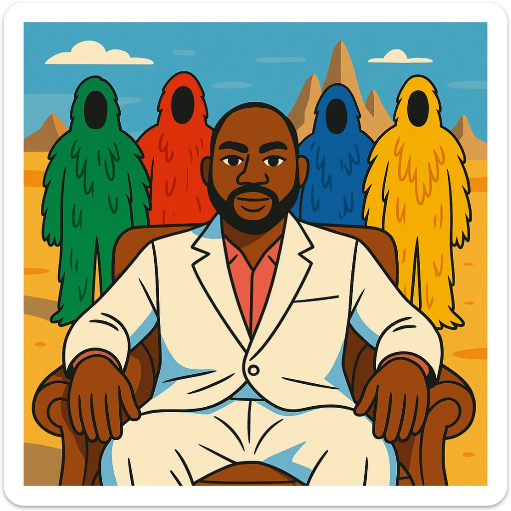 Davido sitting in a brown leather chair, wearing a white suit, with a desert background and four colorful furry characters (green, red, blue, yellow) behind him, inspired by the 'WITH YOU' album cover, in a vibrant toon cartoon style, confident and expressive. sticker