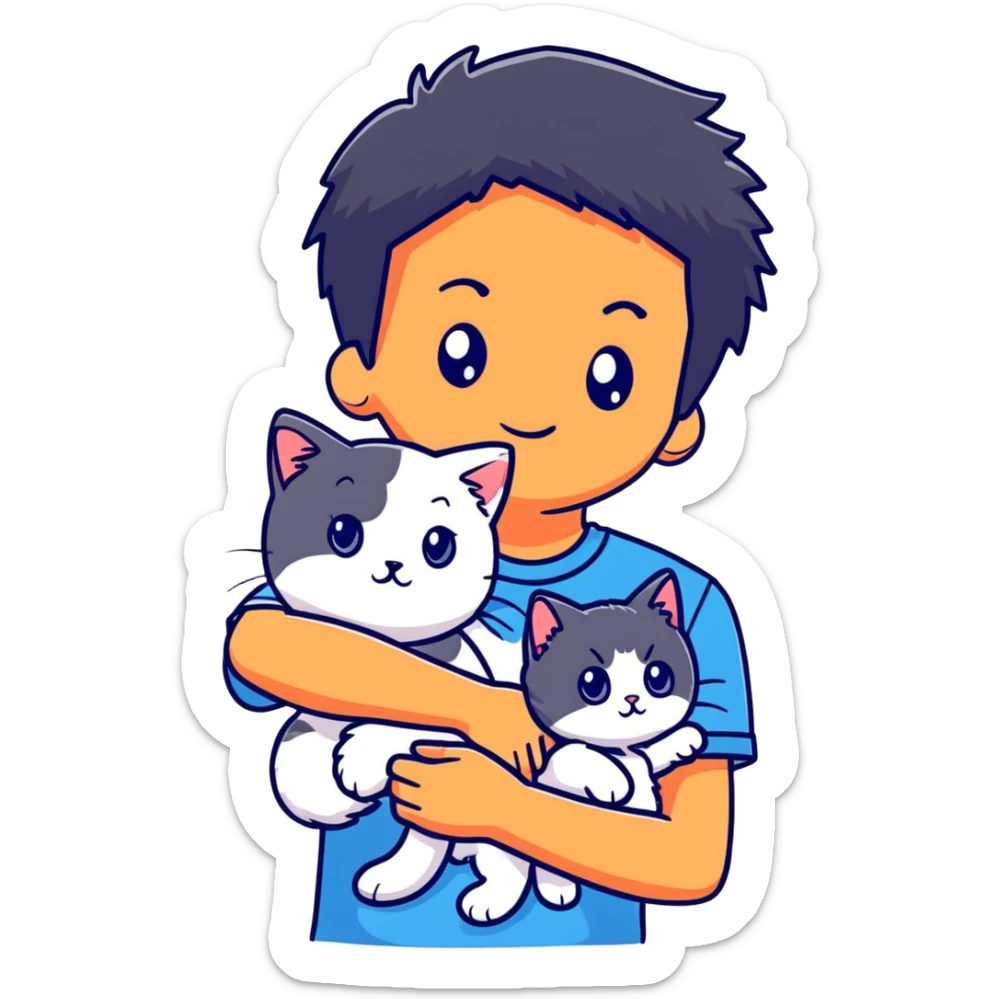 teenage boy with black hair wearing blue short sleeve shirt holding a white ragdoll cat sticker