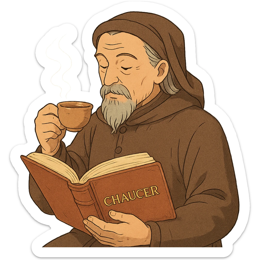 Chaucer reading a book and drinking tea, detailed, warm colors, ghibli style sticker