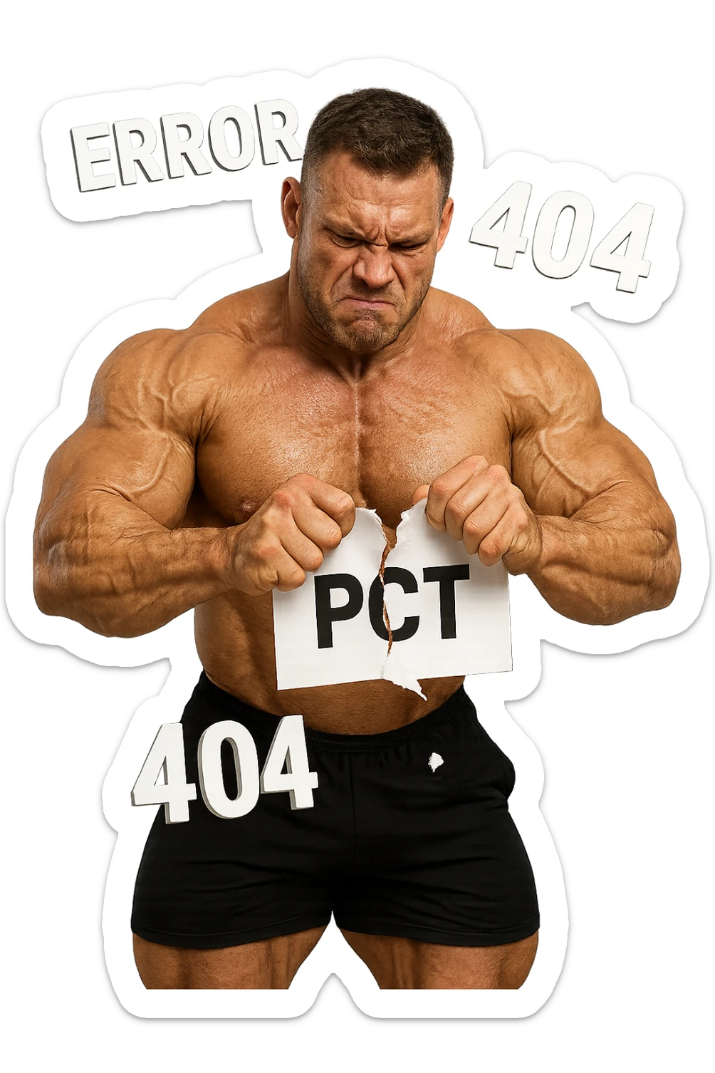 bodybuilder che strappa un foglio con la scritta "PCT" INTORNO A LUI FLUTTUANO LE PAROLE "ERROR 404", IPERREALISTICO 4K sticker