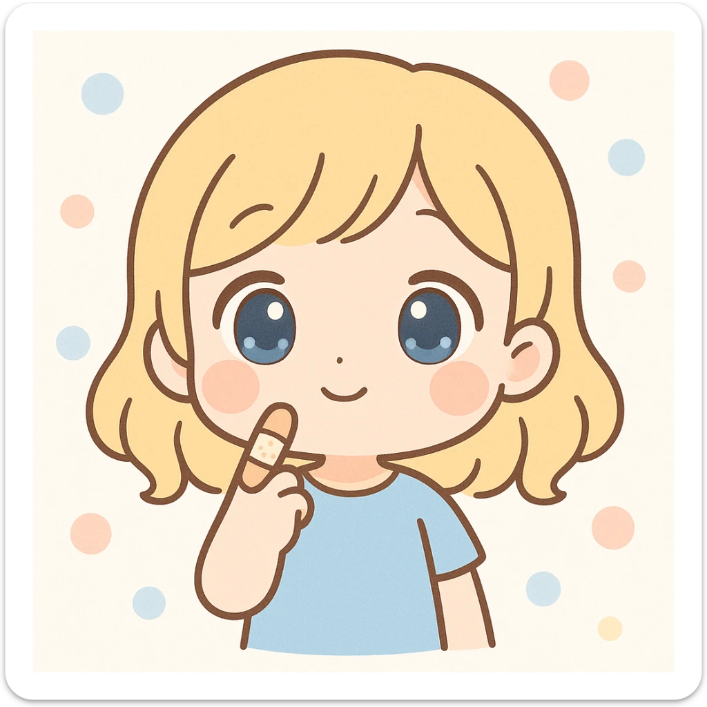 blonde-haired, blue-eyed, fair-skinned girl with a bandaged index finger, finger on chin, thinking, kawaii chibi style sticker