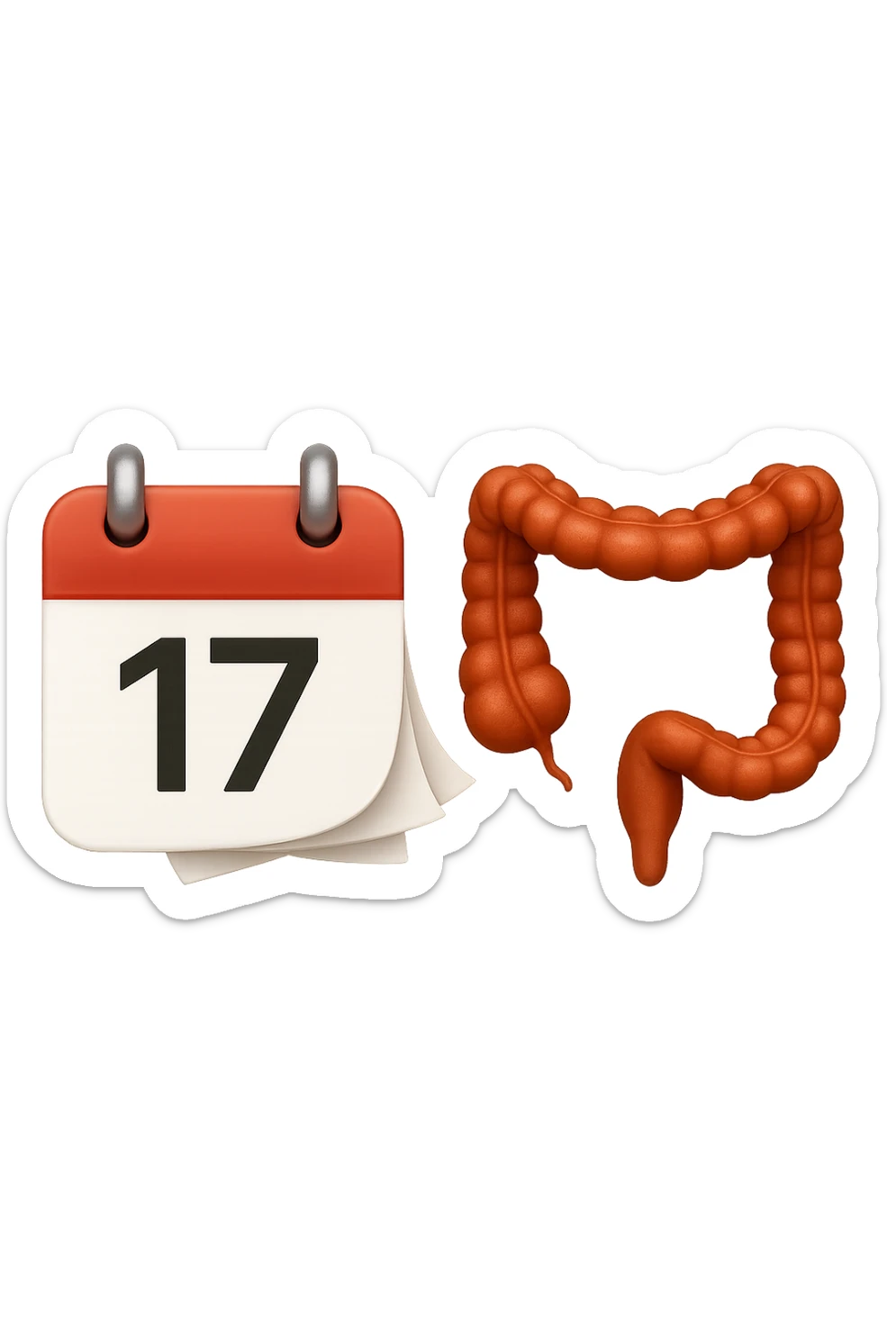 emoji stile iphone di un calendario con fogli che volano insieme a pezzi anatomici di colon umano, iperrealistico 4k, isolato su sfondo bianco sticker