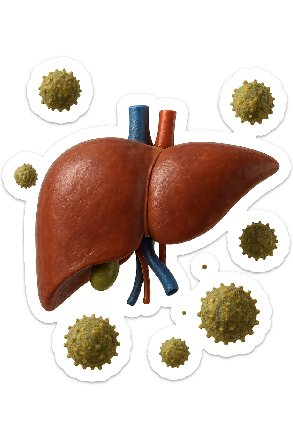 fegato umano anatomico con tossine che gli fluttuano intorno, iperrealistico 4k sticker