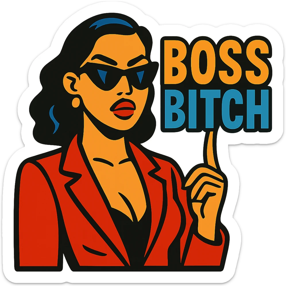bossy, sexy woman with sunglasses and red lipstick with 'Boss Bitch' in bold block letters in vibrant toon style sticker
