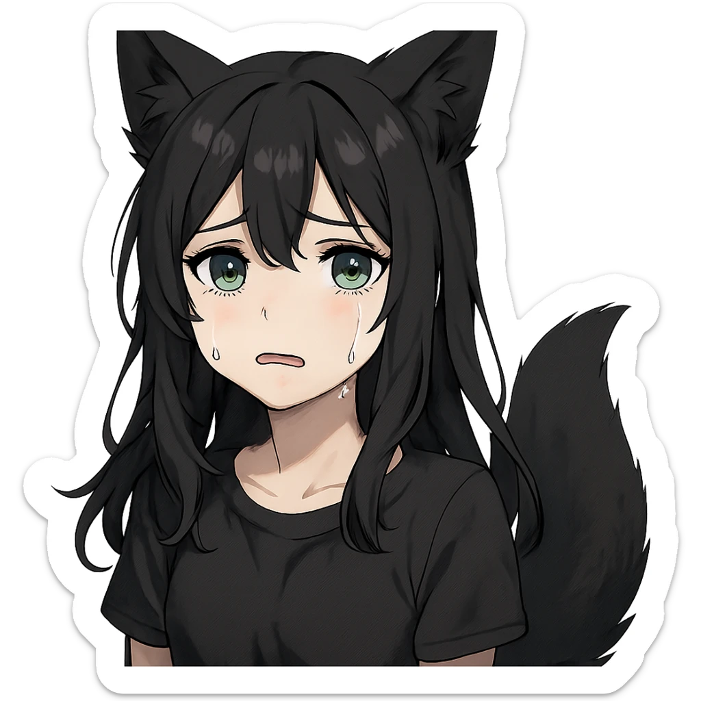 A girl with tears, black fox ears, and a tail, green eyes, dark hair sticker
