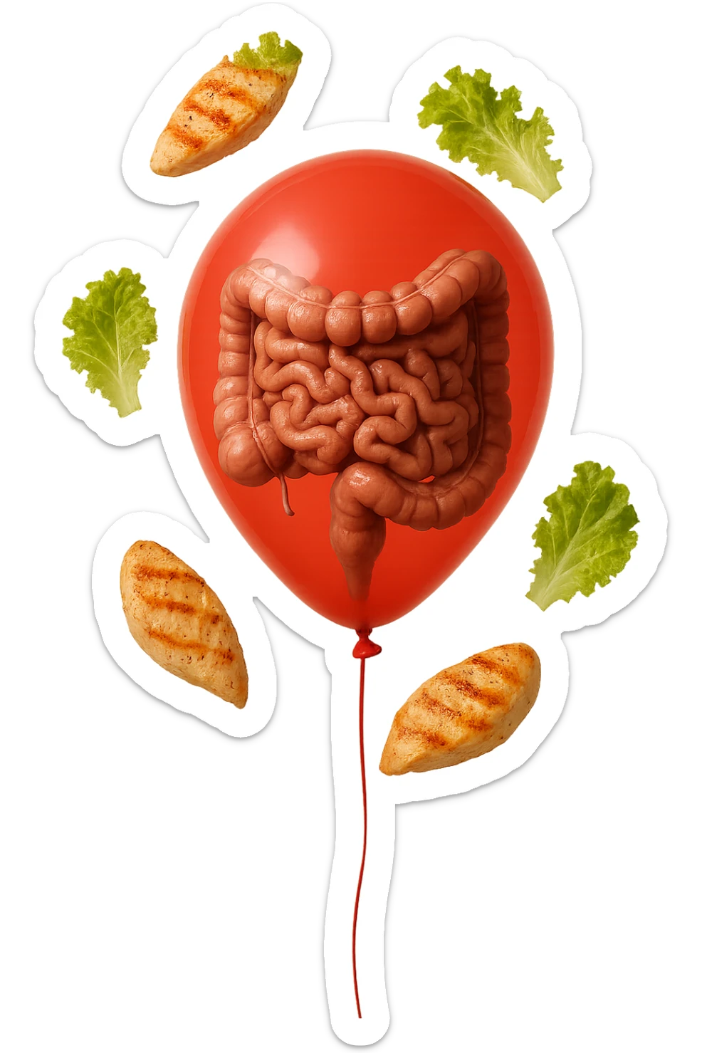 intestino anatomico realistico chiuso in un palloncino rosso e foglie di insalata e petto di pollo grigliato che fluttuano intorno sticker