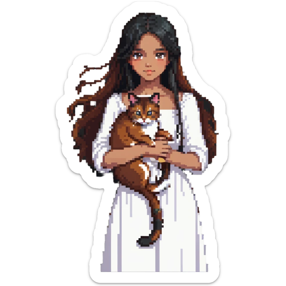 beautiful girl with long black hair wearing a white dress holding an Abyssinian cat with reddish-brown fur in her arms sticker