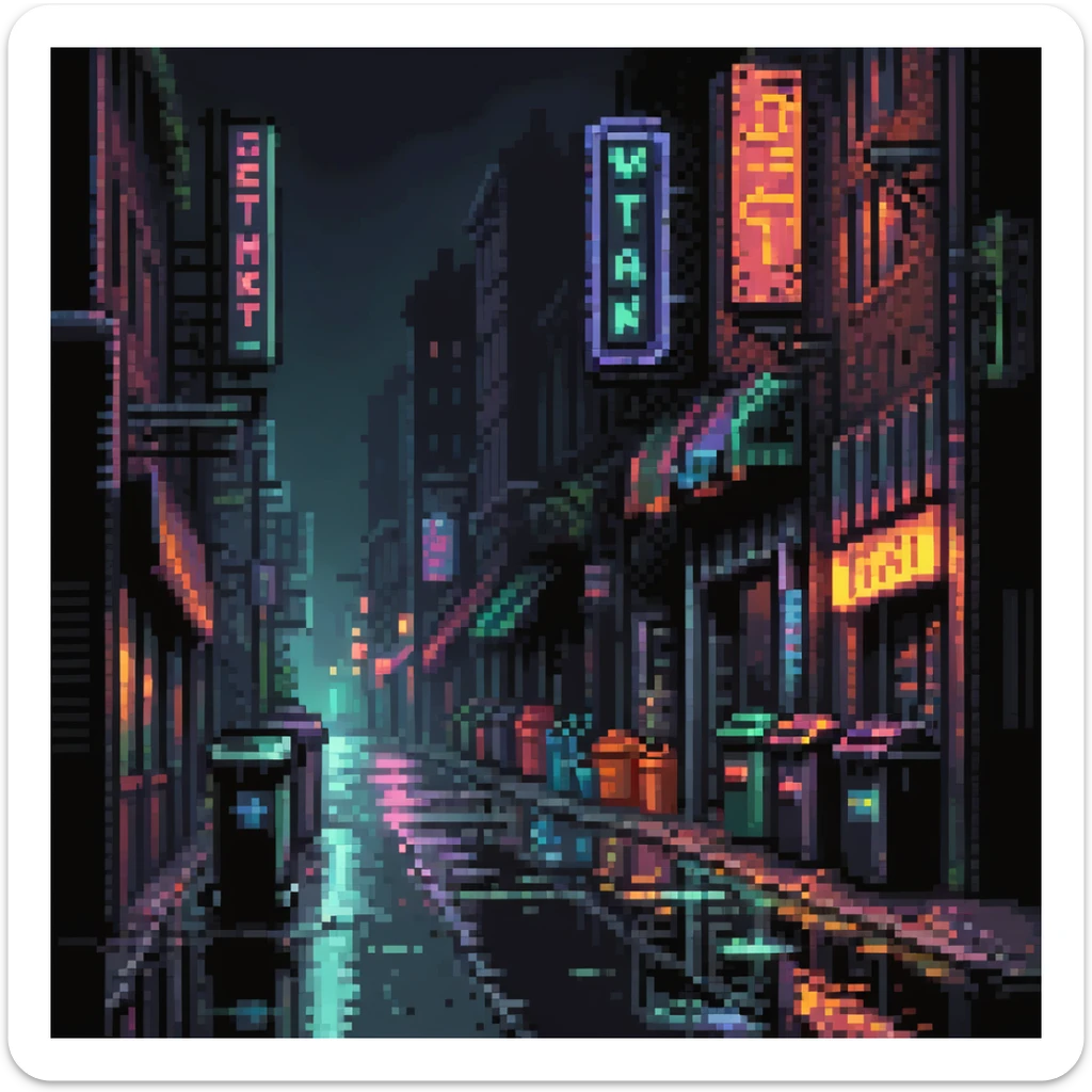 Pixel art background, side view of a dark Gotham-style street at night, moody lighting, flickering neon signs, trash bins, wet pavement, shadows in windows, 2D fighting game stage style, straight camera angle, vertical layout, 9:16 aspect ratio, suitable for mobile game
 sticker